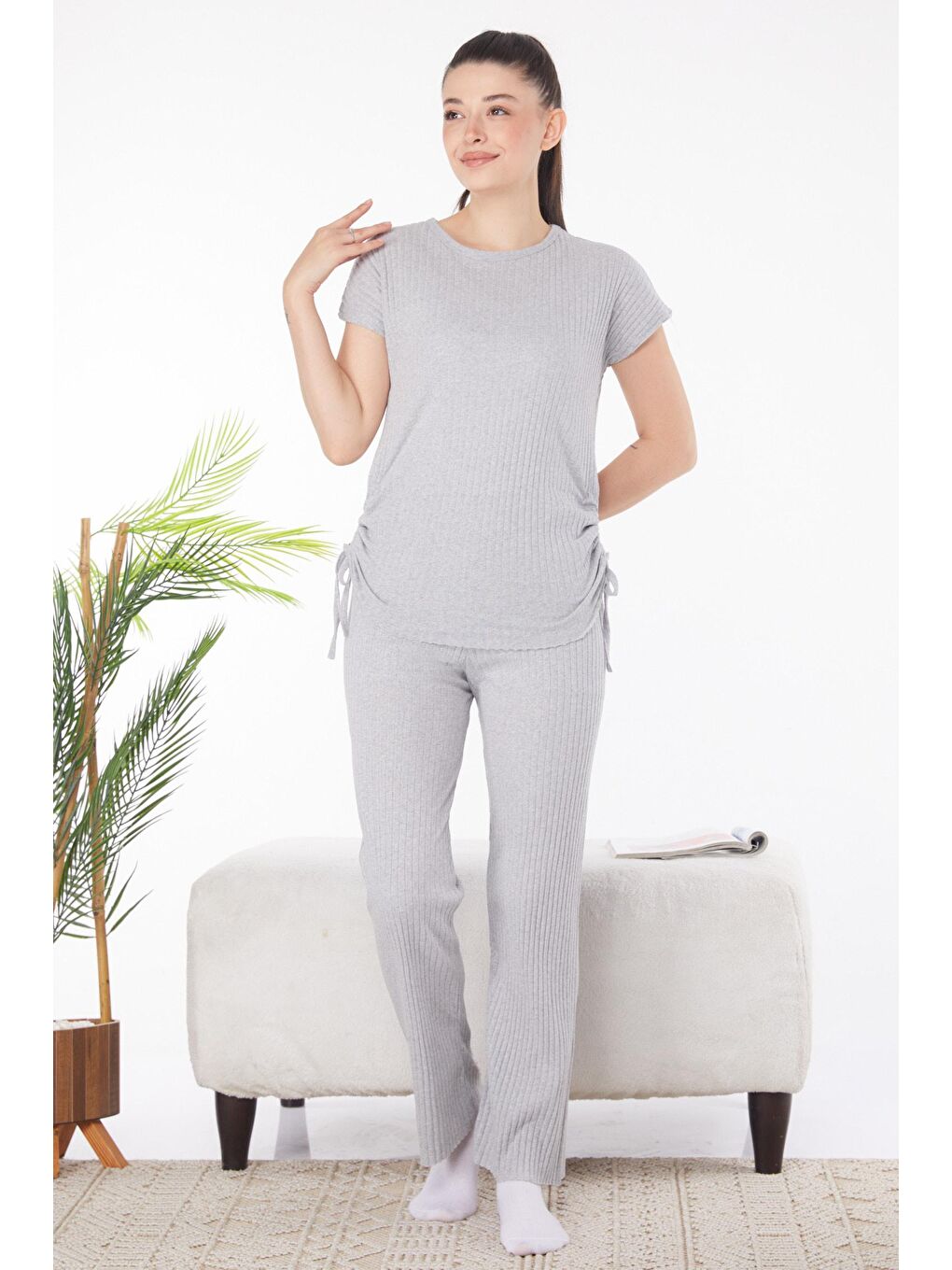 Bisiklet Yaka Kadın Gri Yanları Bağcıklı İkili Takım - 25839