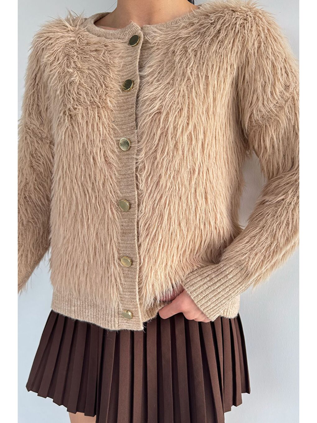 Bej Kadın Ön Düğmeli Sakallı Triko Ceket-2