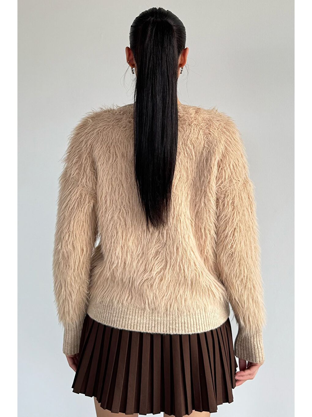 Bej Kadın Ön Düğmeli Sakallı Triko Ceket-3