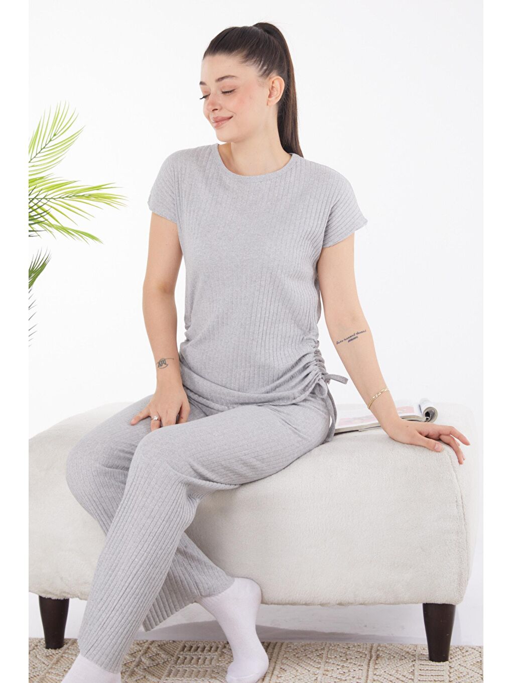 Bisiklet Yaka Kadın Gri Yanları Bağcıklı İkili Takım - 25839-1