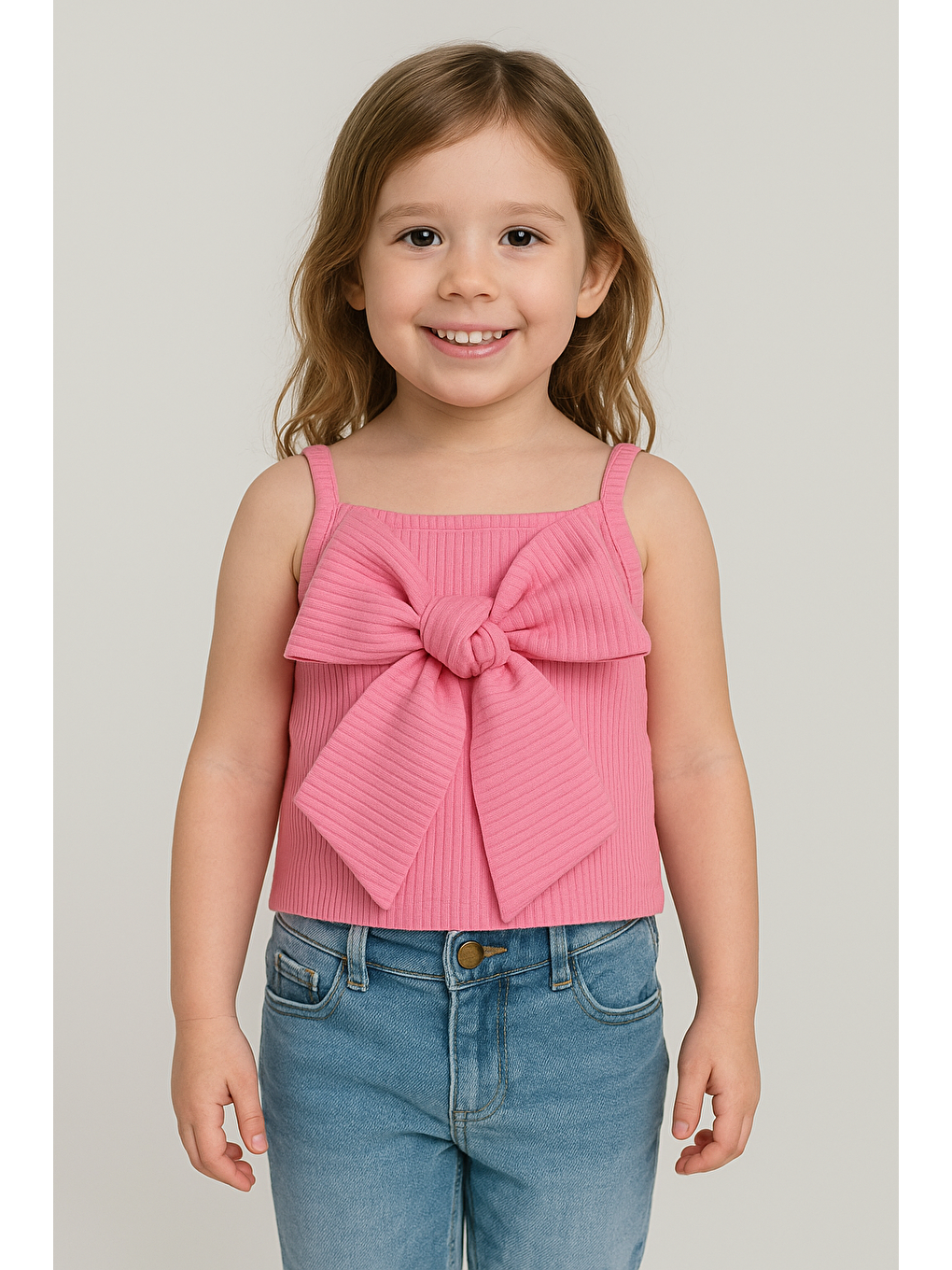 Kız Çocuk Pamuklu Pembe Fiyonk Detaylı Askılı Atlet - Yazlık Günlük Stil-1