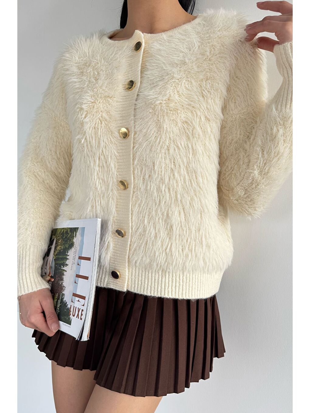 Ekru Kadın Ön Düğmeli Sakallı Triko Ceket-2