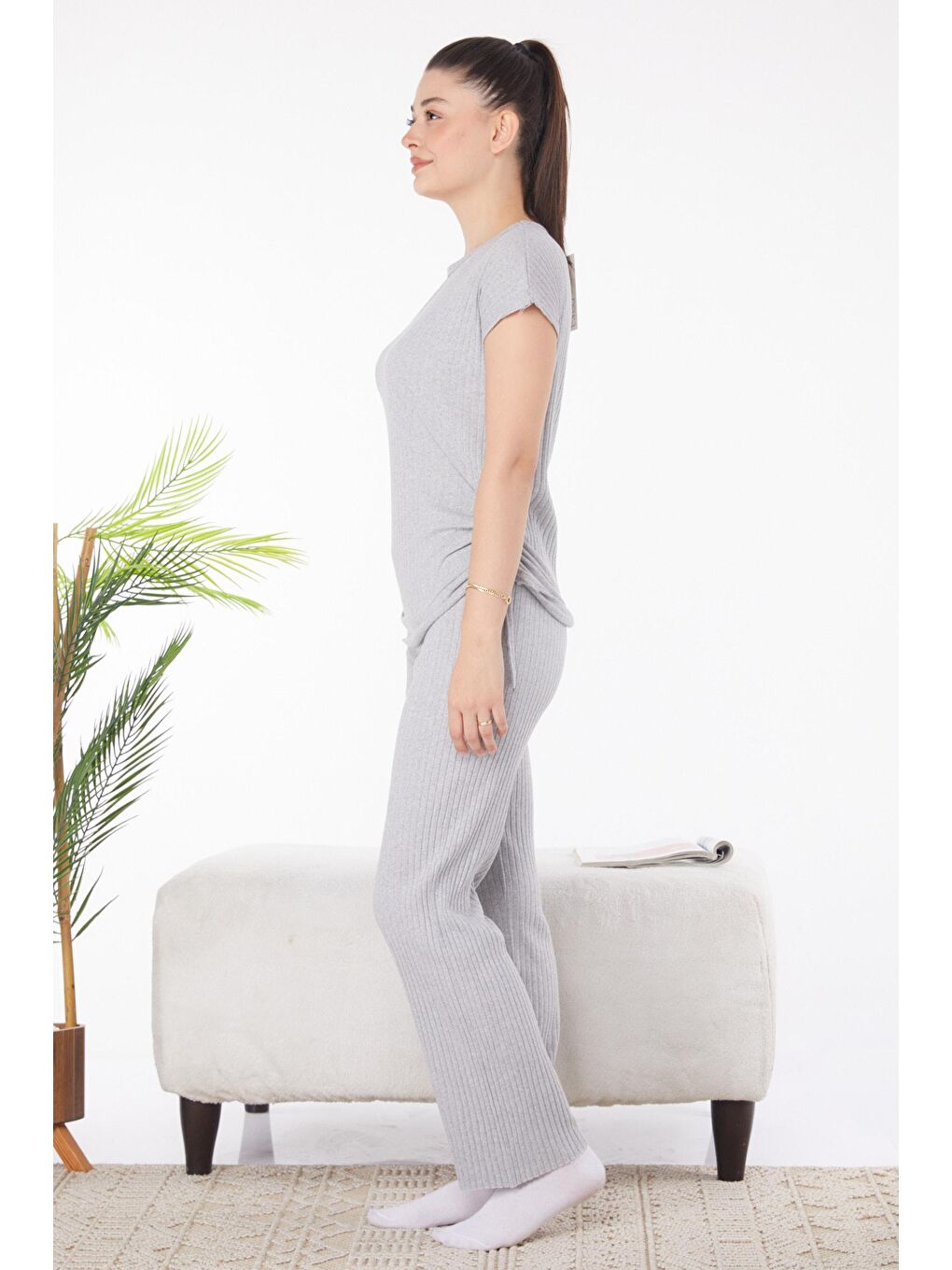 Bisiklet Yaka Kadın Gri Yanları Bağcıklı İkili Takım - 25839-2