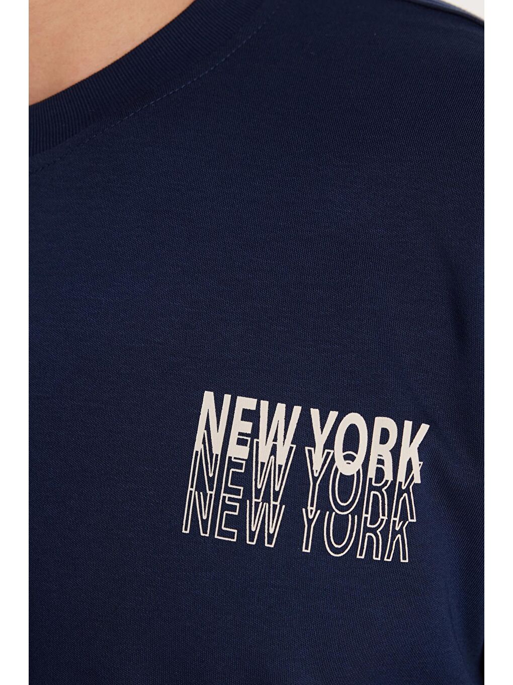 Erkek Slim Fit Dar Kesim Pamuklu Düz Basic Baskılı Bisiklet Yaka Lacivert Tişört-2