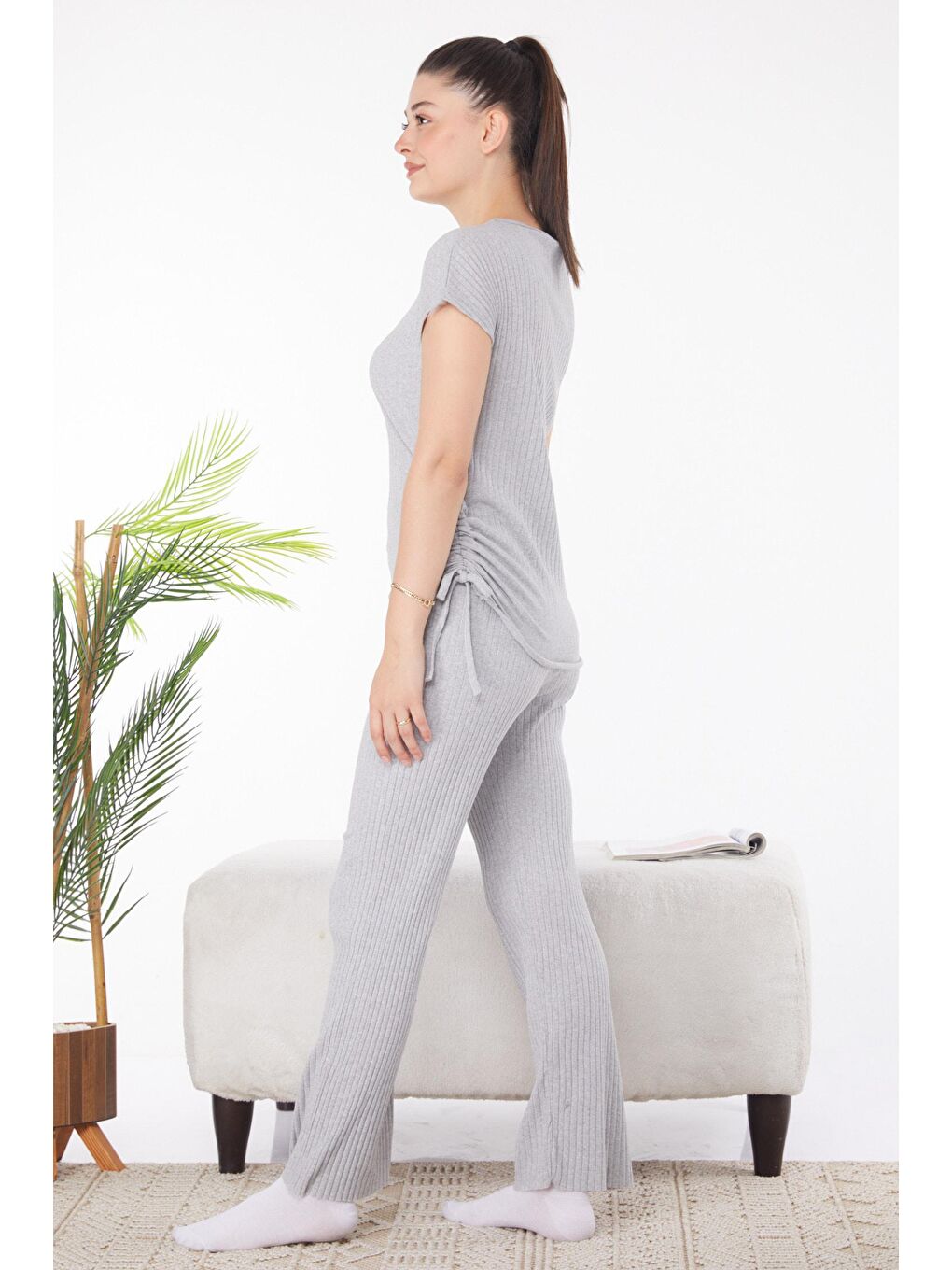 Bisiklet Yaka Kadın Gri Yanları Bağcıklı İkili Takım - 25839-3