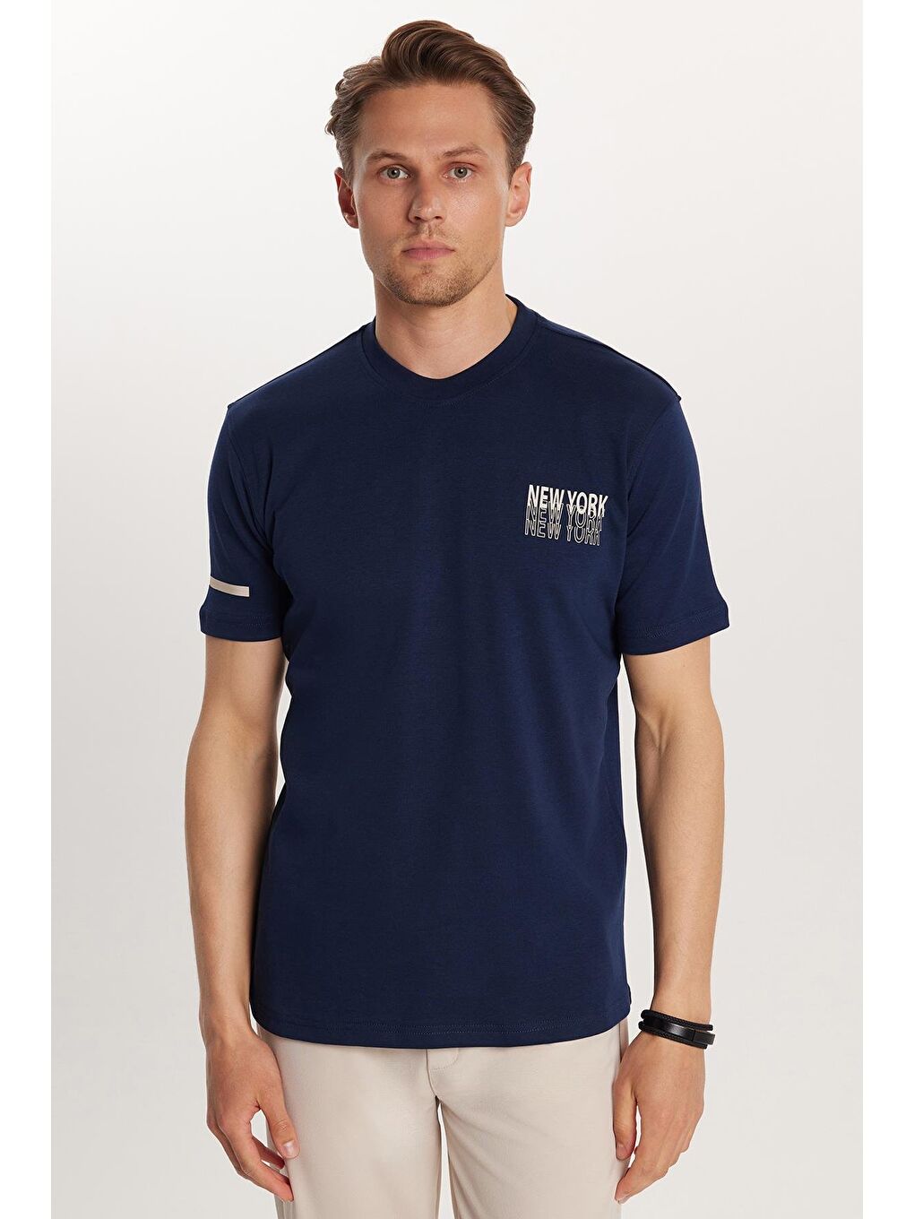 Erkek Slim Fit Dar Kesim Pamuklu Düz Basic Baskılı Bisiklet Yaka Lacivert Tişört-3