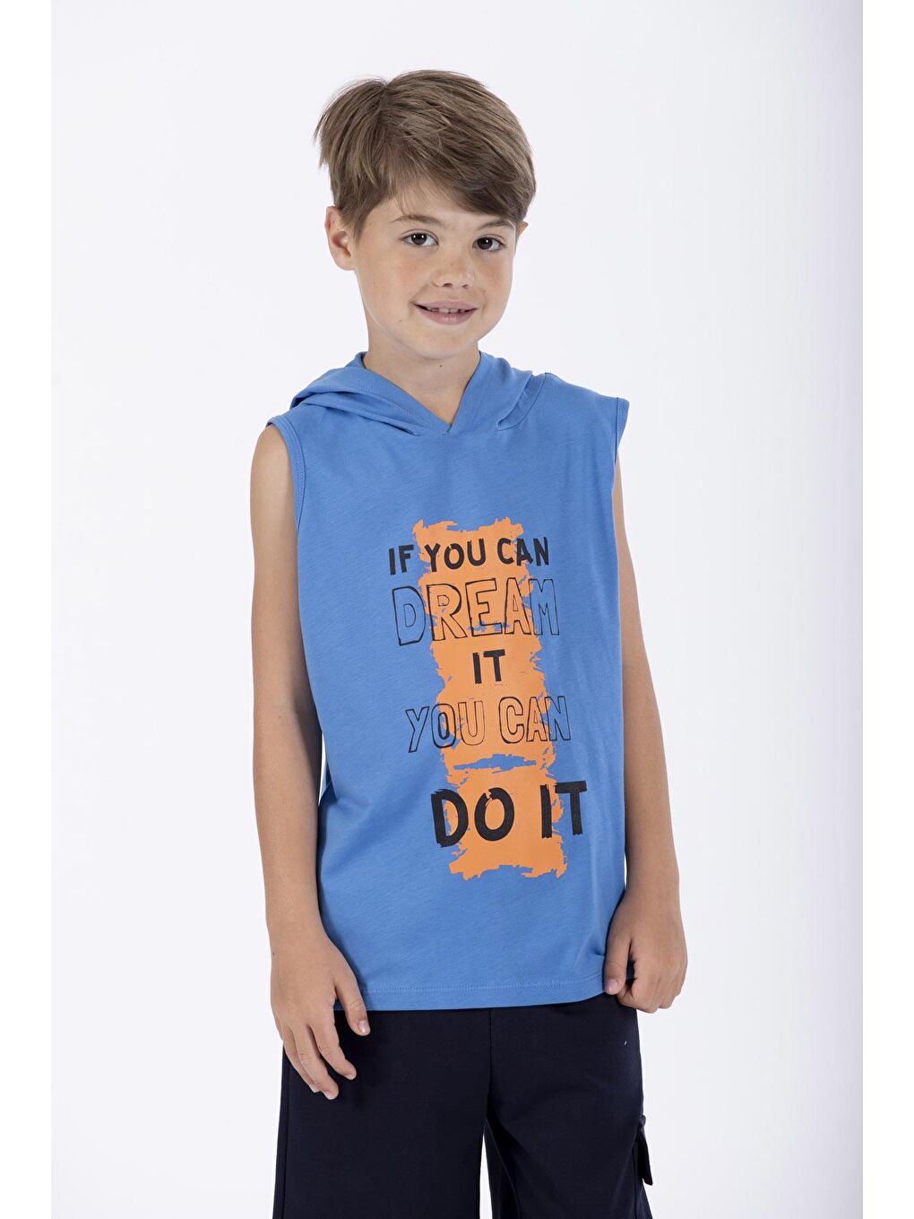 Baskılı Kapüşonlu Sıfır Kol Mavi Renk Erkek Çocuk Tshirt-2