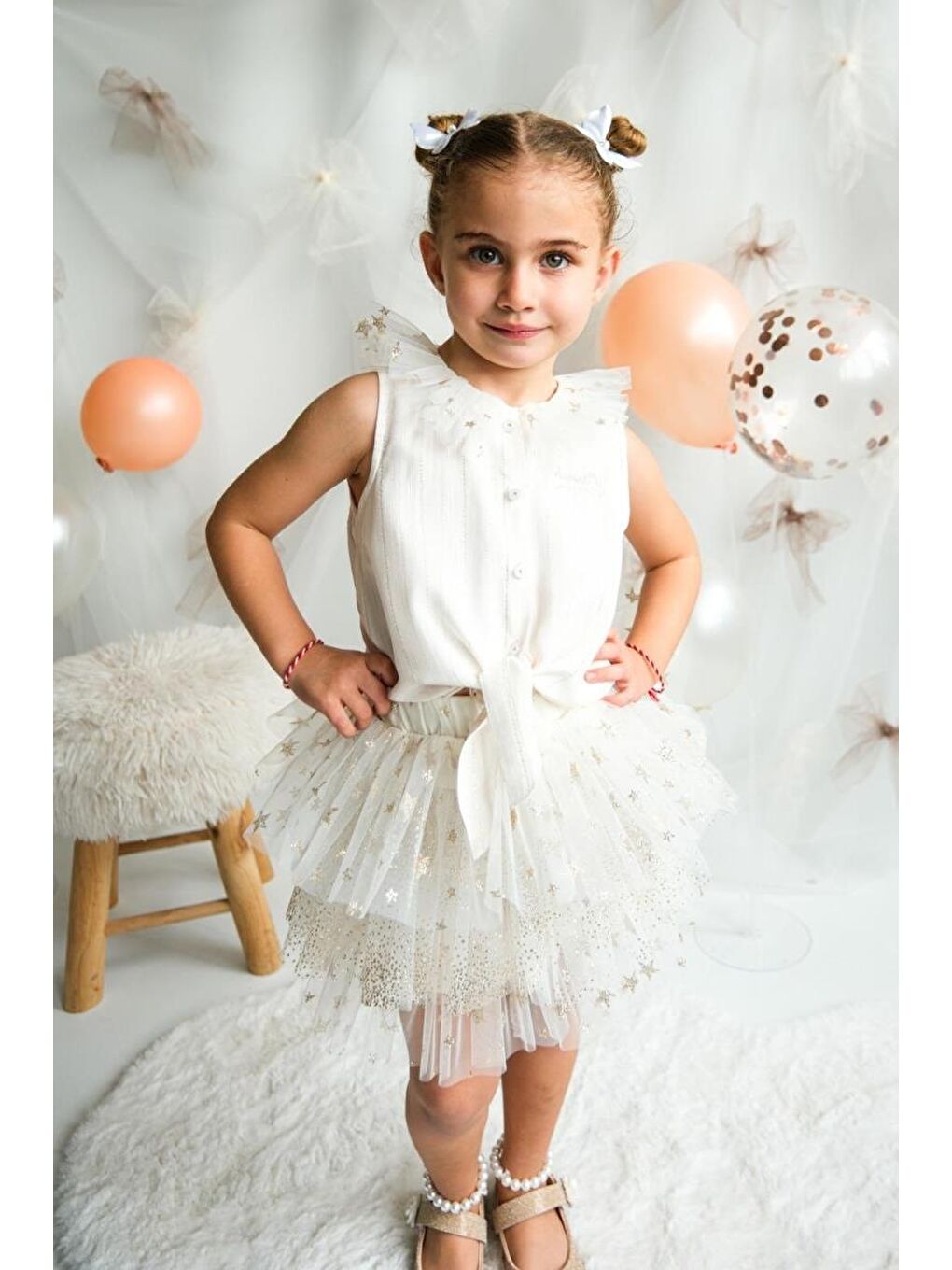 Karışık Kız Çocuk Pamuklu Ekru Fırfır Yaka Tül Yıldız Desenli Etekli Takım-1