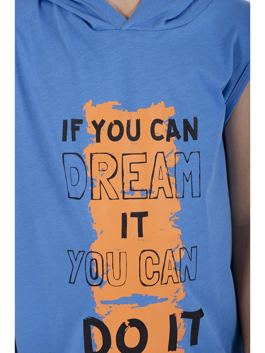 Baskılı Kapüşonlu Sıfır Kol Mavi Renk Erkek Çocuk Tshirt-3