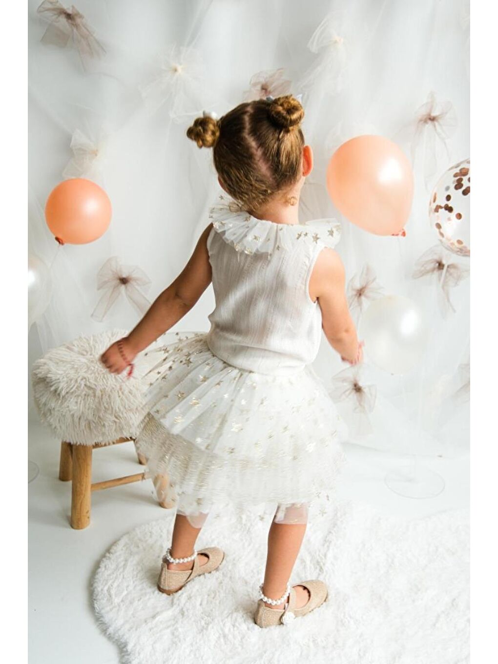 Karışık Kız Çocuk Pamuklu Ekru Fırfır Yaka Tül Yıldız Desenli Etekli Takım-2