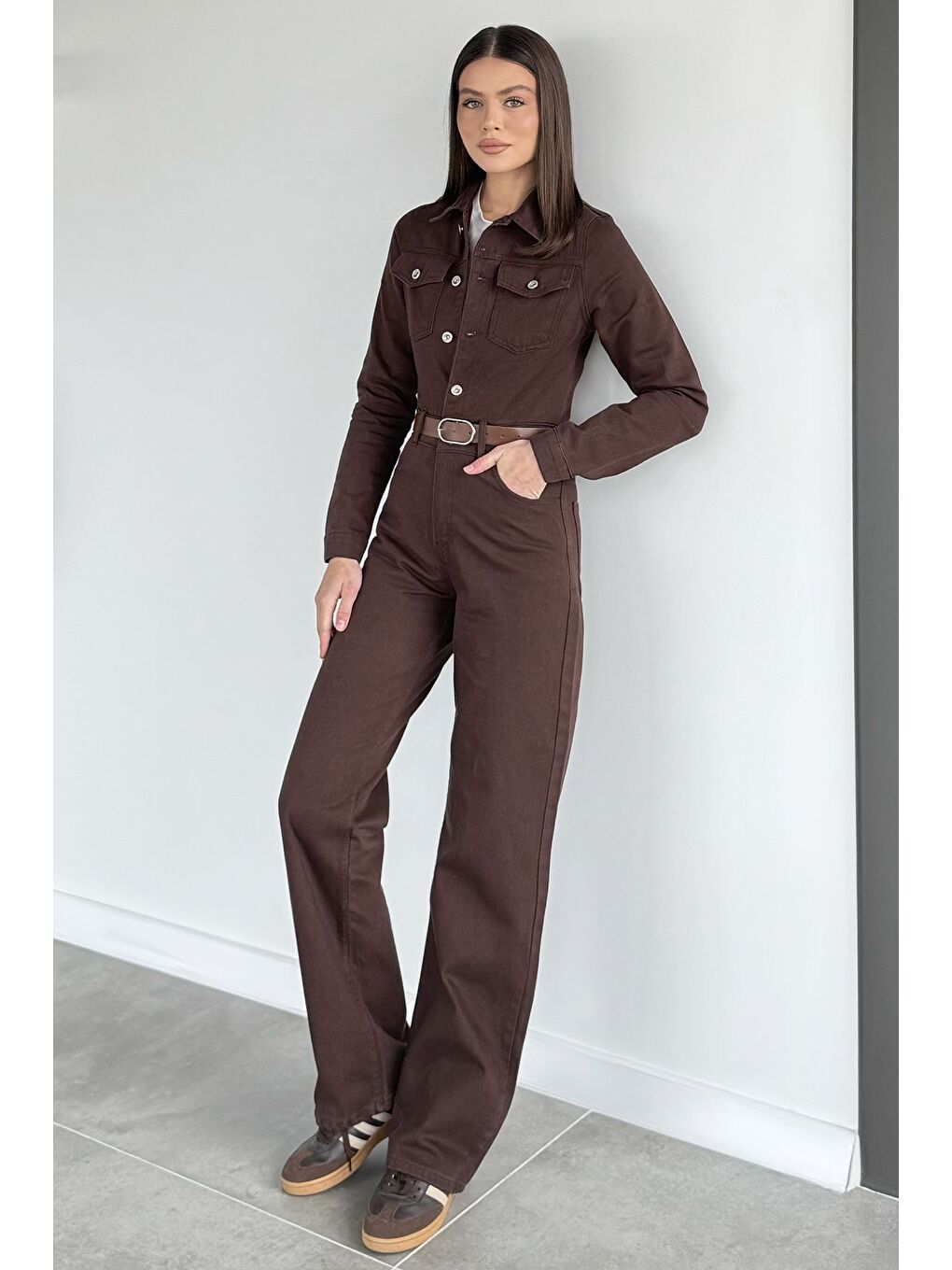 Kahverengi Kadın Uzun Kol Jean Jean Tulum