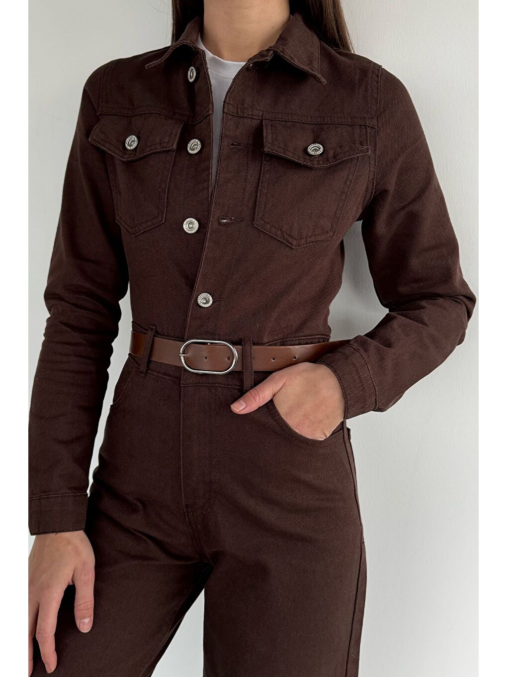 Kahverengi Kadın Uzun Kol Jean Jean Tulum-3