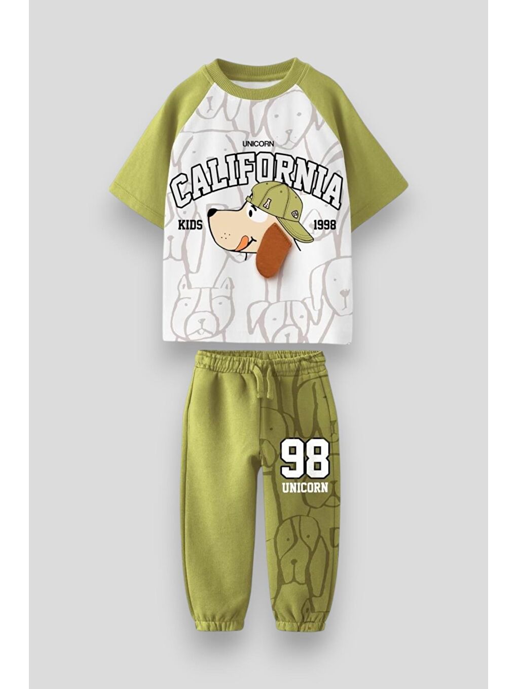 Karışık Erkek Çocuk Pamuklu Haki California Köpek Desenli Eşofman Takımı - Şapkalı Baskı