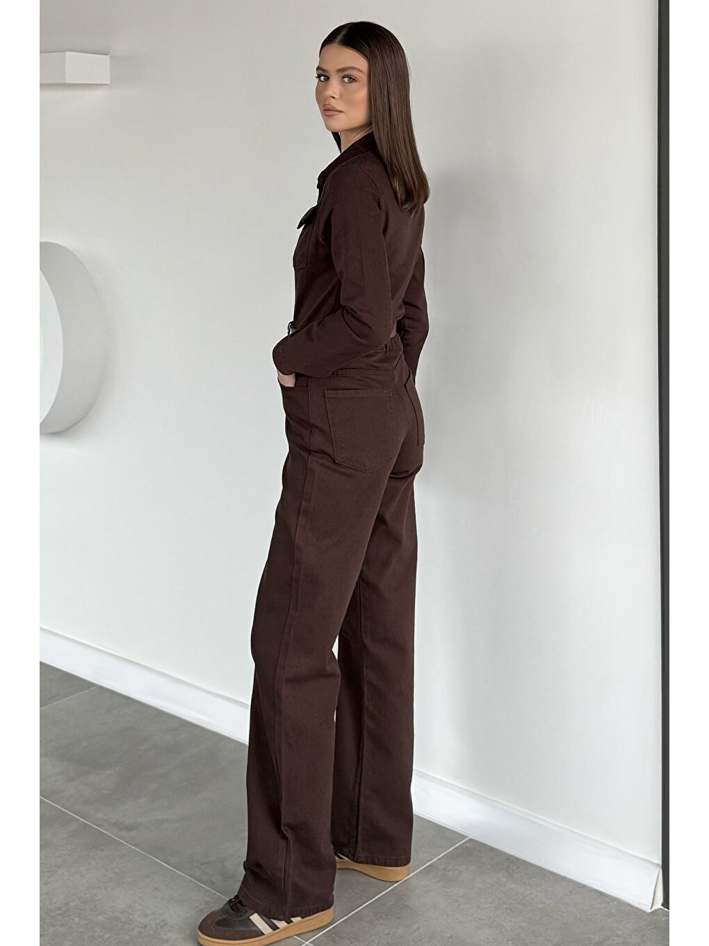 Kahverengi Kadın Uzun Kol Jean Jean Tulum-4