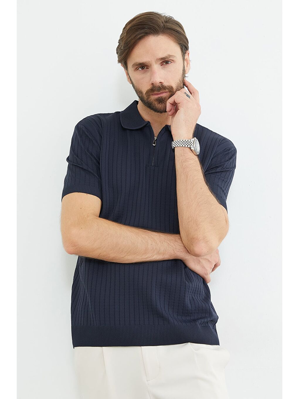 Lacivert Fitilli Polo Yaka Yarım Fermuarlı Triko Tişört-1