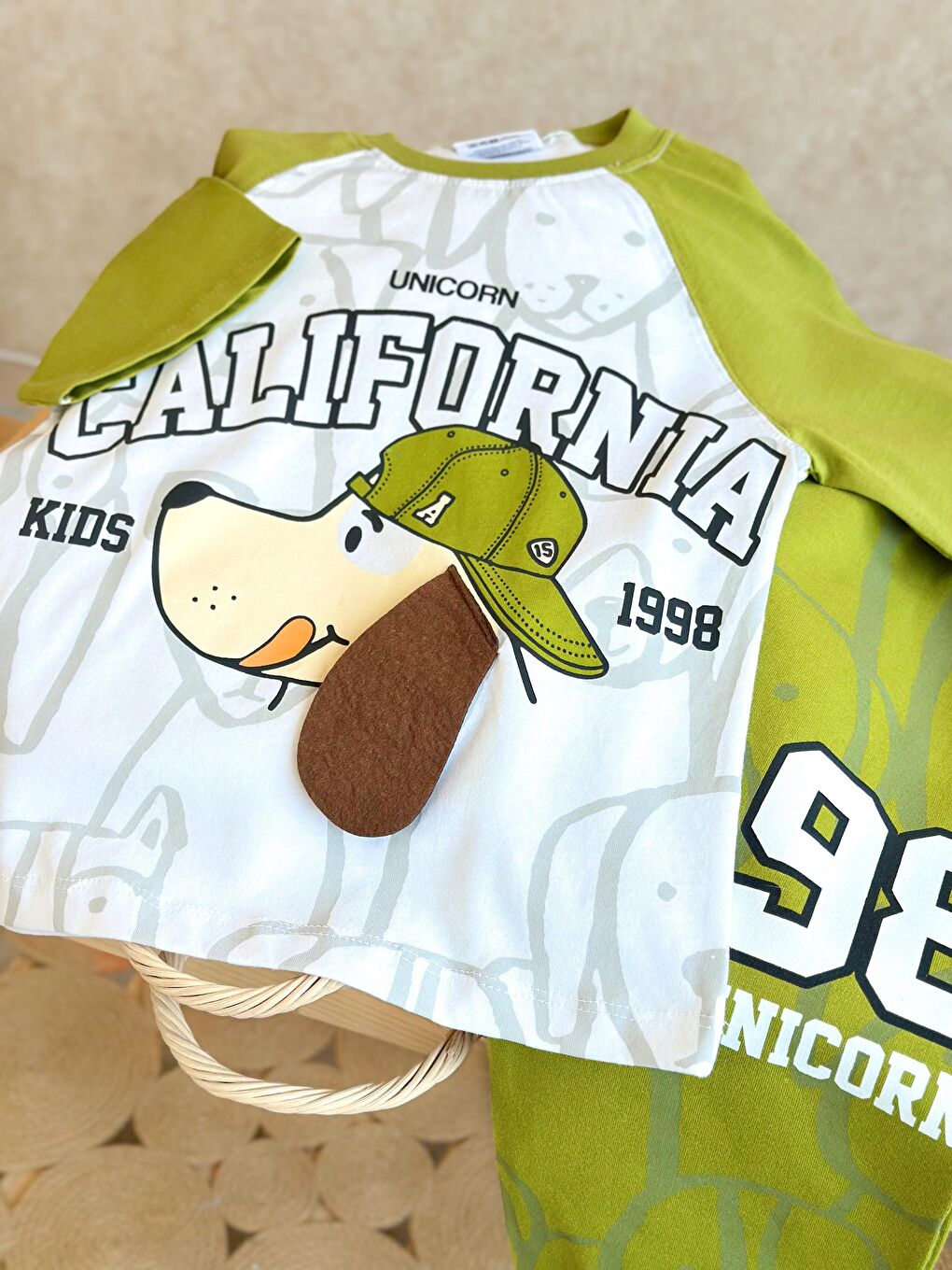 Karışık Erkek Çocuk Pamuklu Haki California Köpek Desenli Eşofman Takımı - Şapkalı Baskı-2