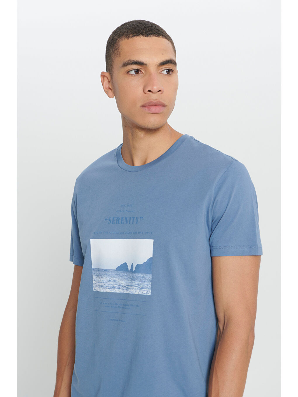 Erkek İndigo Standart Fit Normal Kesim %100 Pamuk Baskılı Bisiklet Yaka Tişört-3