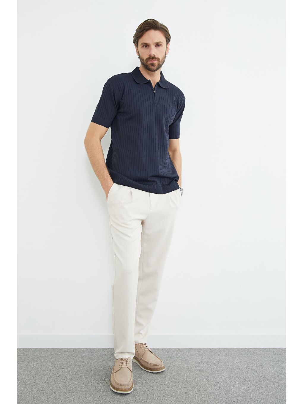 Lacivert Fitilli Polo Yaka Yarım Fermuarlı Triko Tişört-2