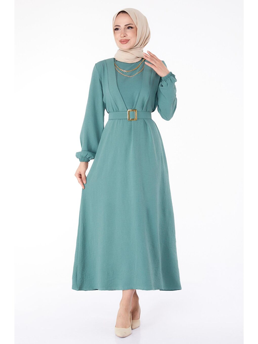 Bisiklet Yaka Kadın Yeşil Tesettür Elbise - 25380