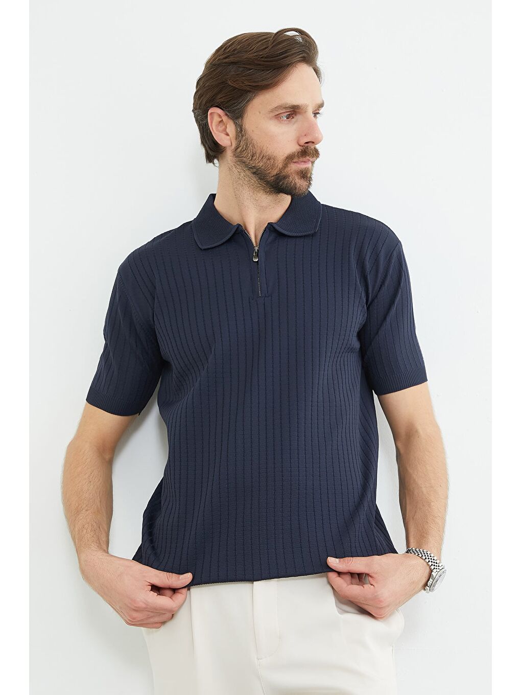 Lacivert Fitilli Polo Yaka Yarım Fermuarlı Triko Tişört-3