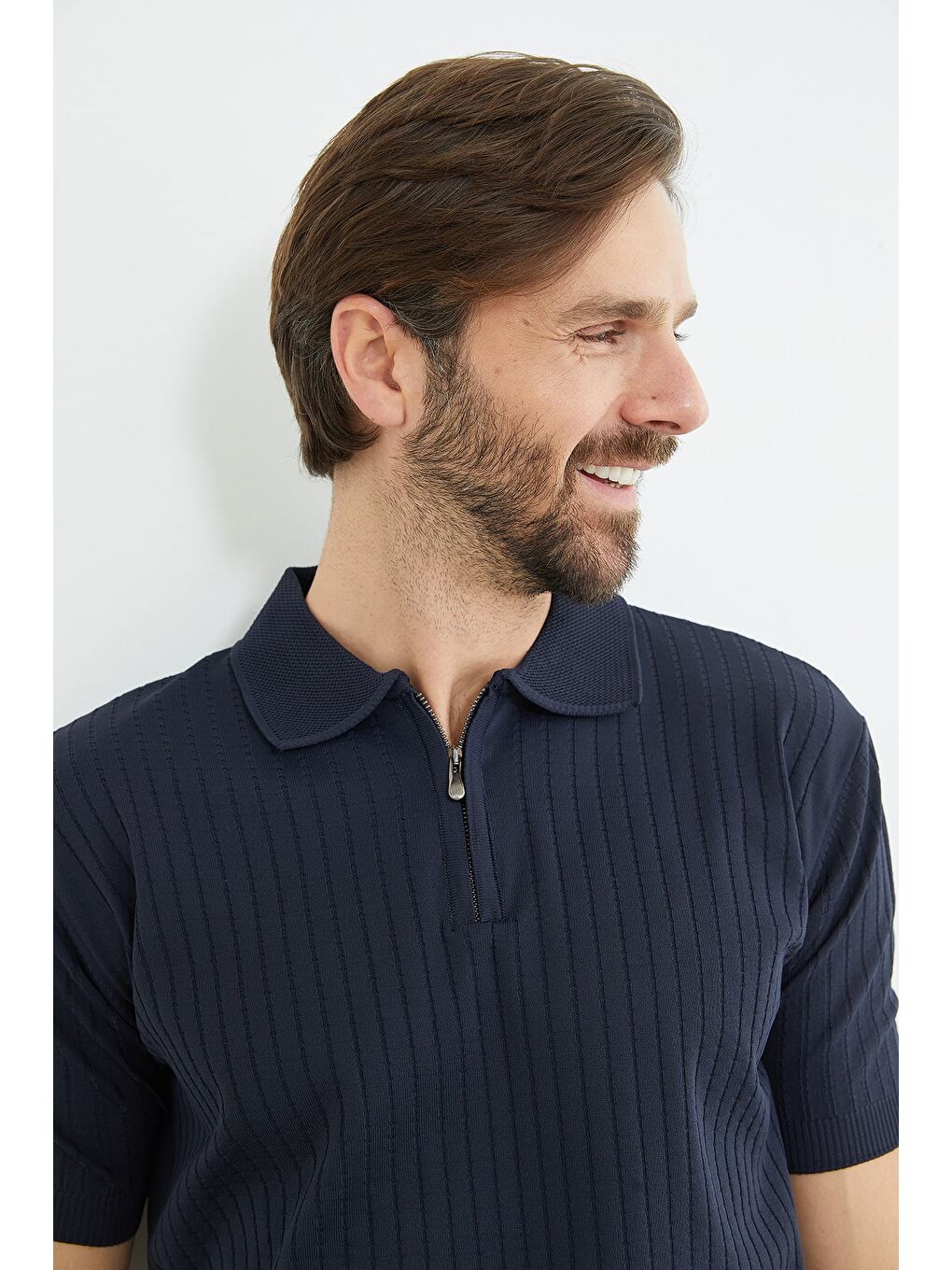 Lacivert Fitilli Polo Yaka Yarım Fermuarlı Triko Tişört-4