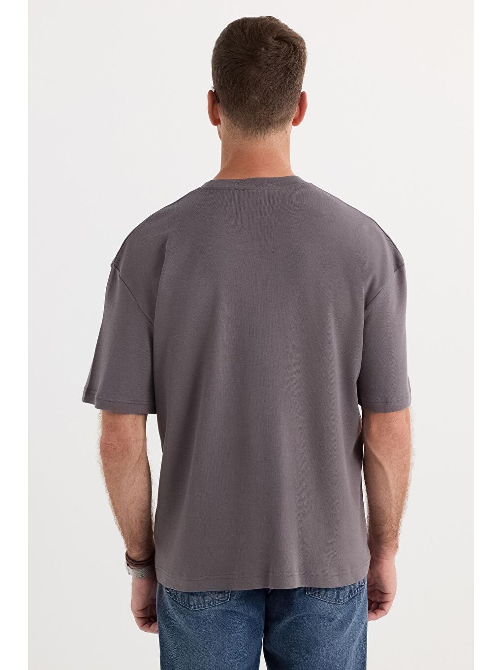 Gri Unisex Oversize Geniş Kesim %100 Pamuk Yumuşak Dokulu Basic Bisiklet Yaka Füme Tişört-6