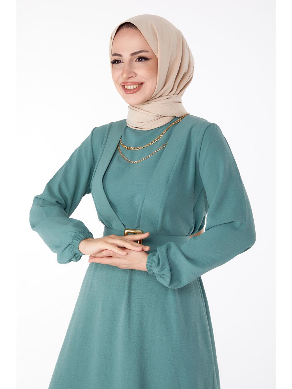 Bisiklet Yaka Kadın Yeşil Tesettür Elbise - 25380-1