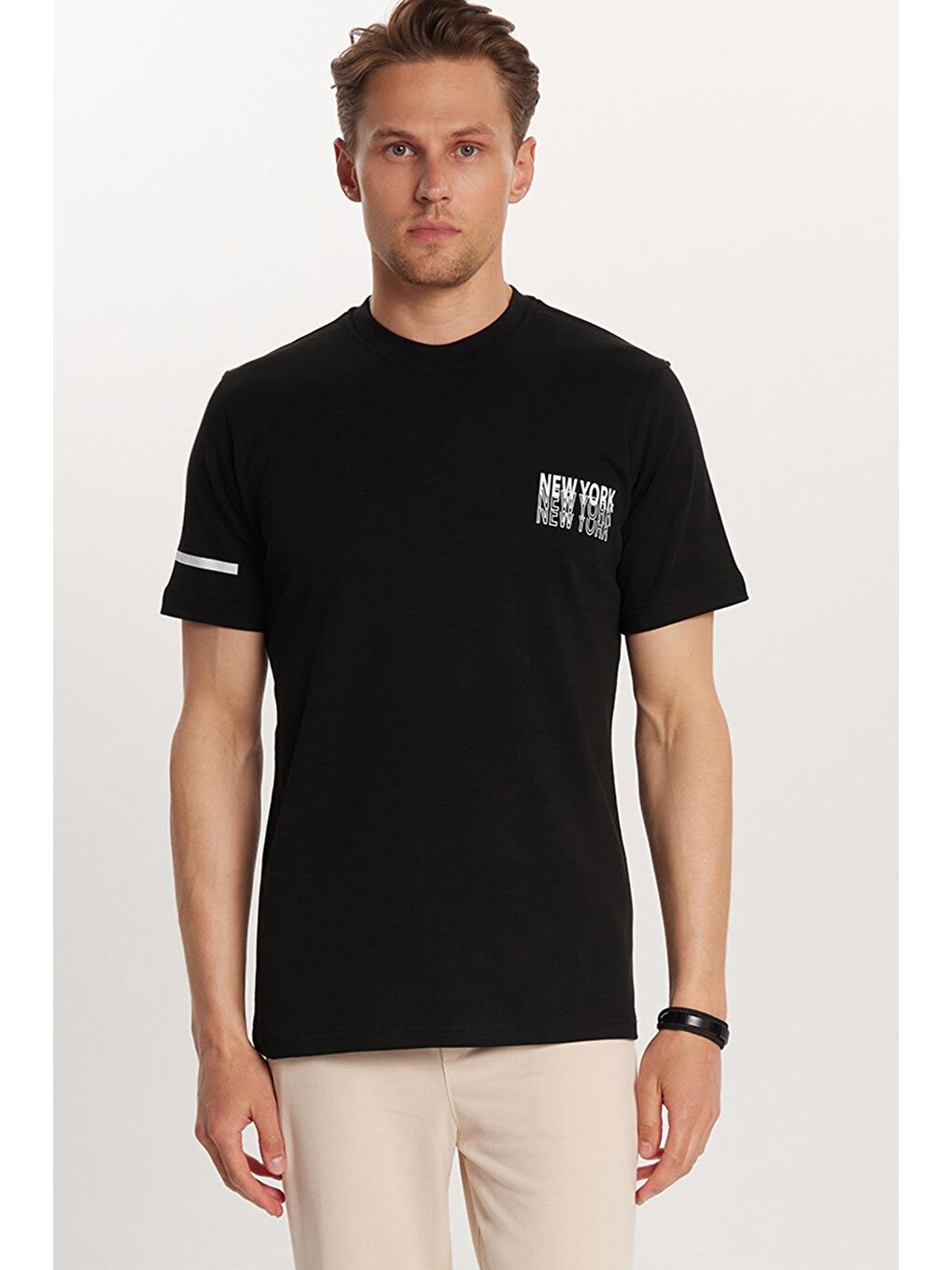 Erkek Slim Fit Dar Kesim Pamuklu Düz Basic Baskılı Bisiklet Yaka Siyah Tişört