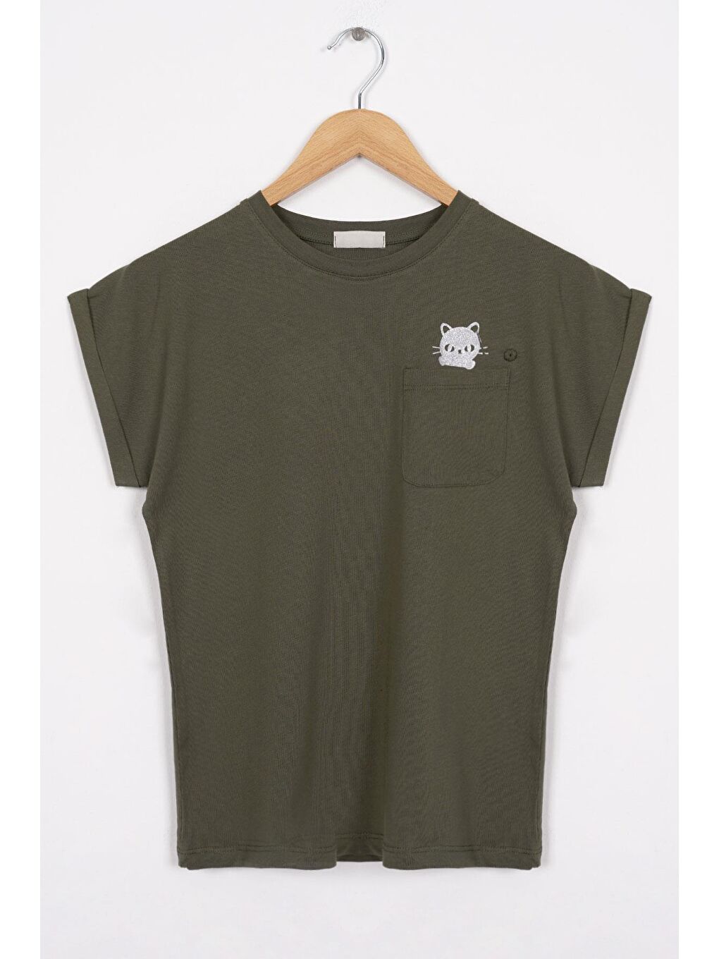 Bisiklet Yaka Kısa Kol Cep Detaylı Simli Kedi Baskılı Haki Renk Kız Çocuk Tshirt