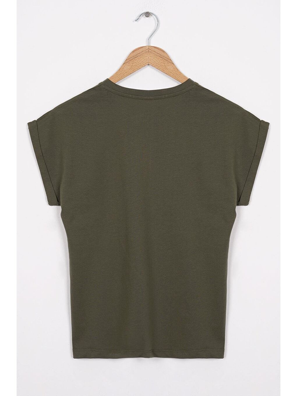 Bisiklet Yaka Kısa Kol Cep Detaylı Simli Kedi Baskılı Haki Renk Kız Çocuk Tshirt-2