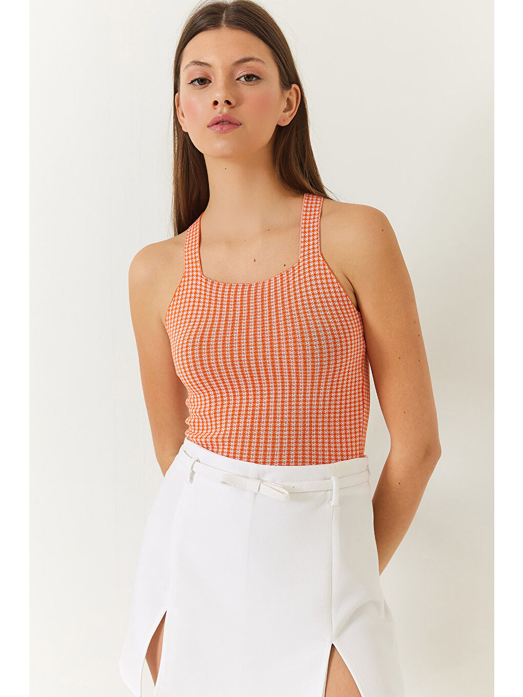 Turuncu Kadın Çapraz Askılı Triko Bluz