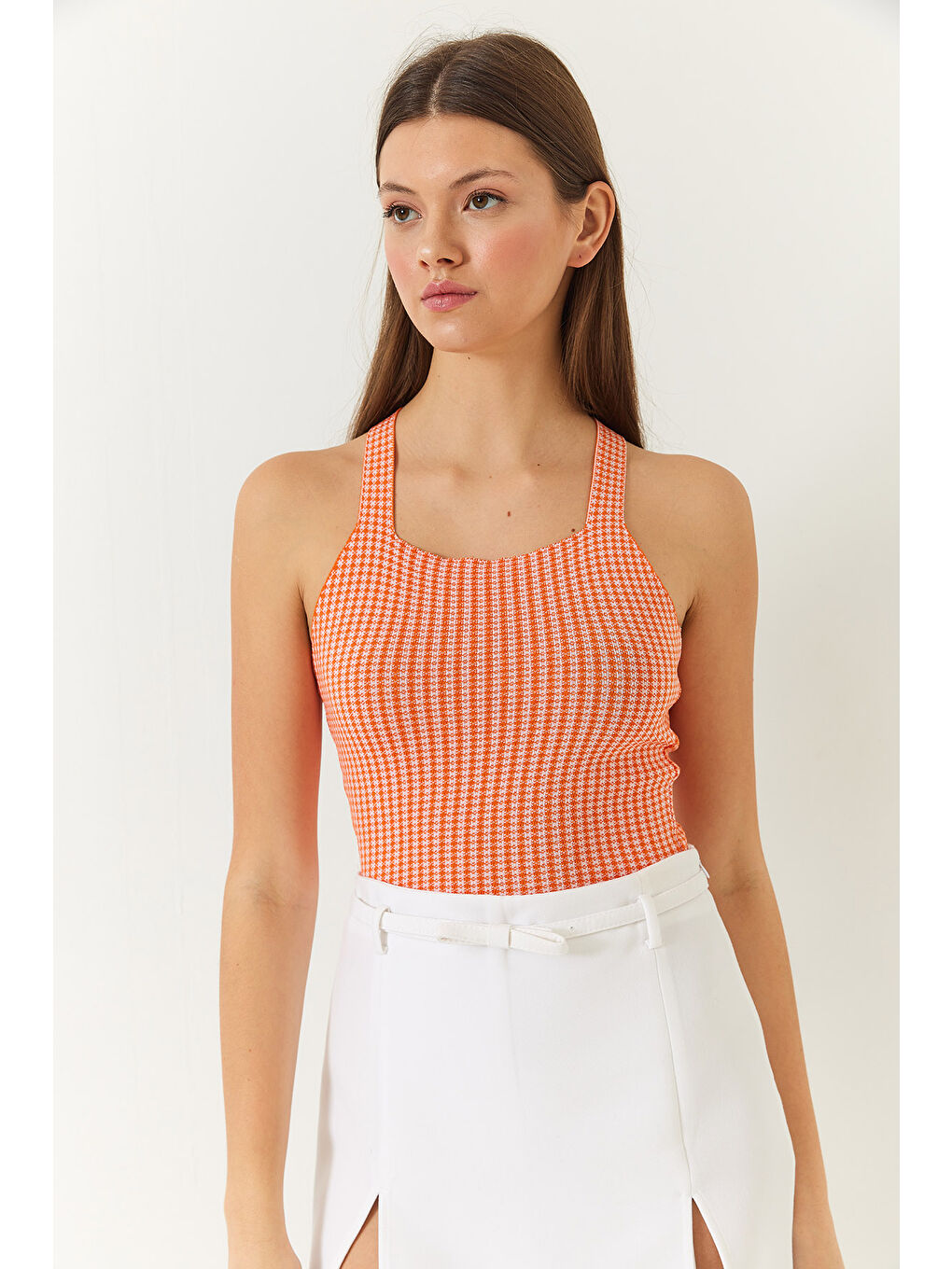 Turuncu Kadın Çapraz Askılı Triko Bluz-1