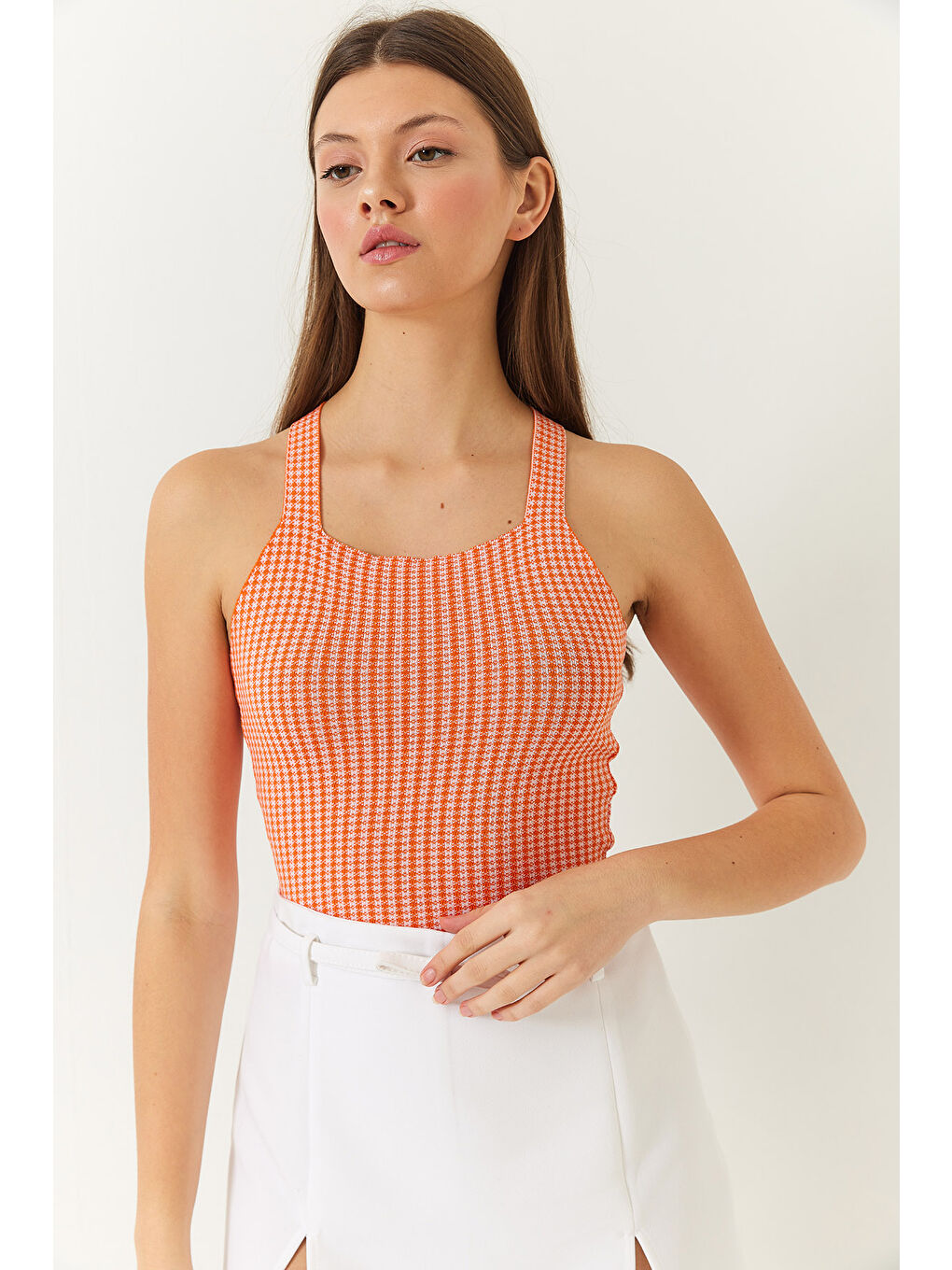 Turuncu Kadın Çapraz Askılı Triko Bluz-2