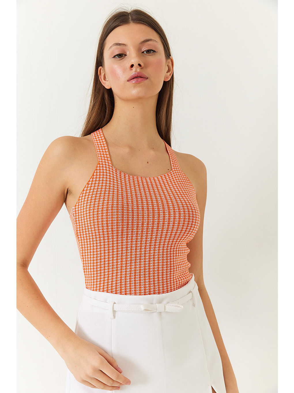 Turuncu Kadın Çapraz Askılı Triko Bluz-3