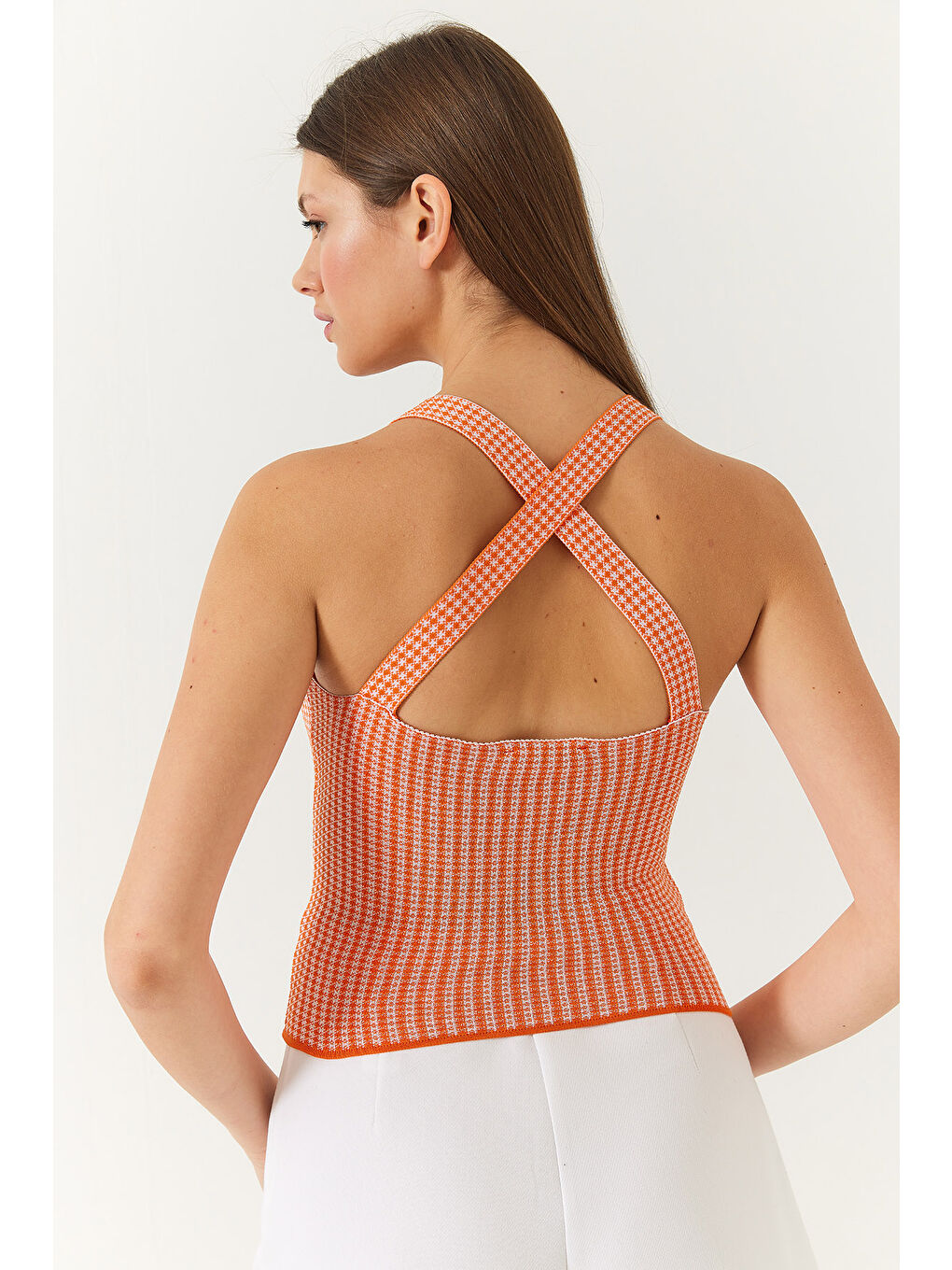 Turuncu Kadın Çapraz Askılı Triko Bluz-5