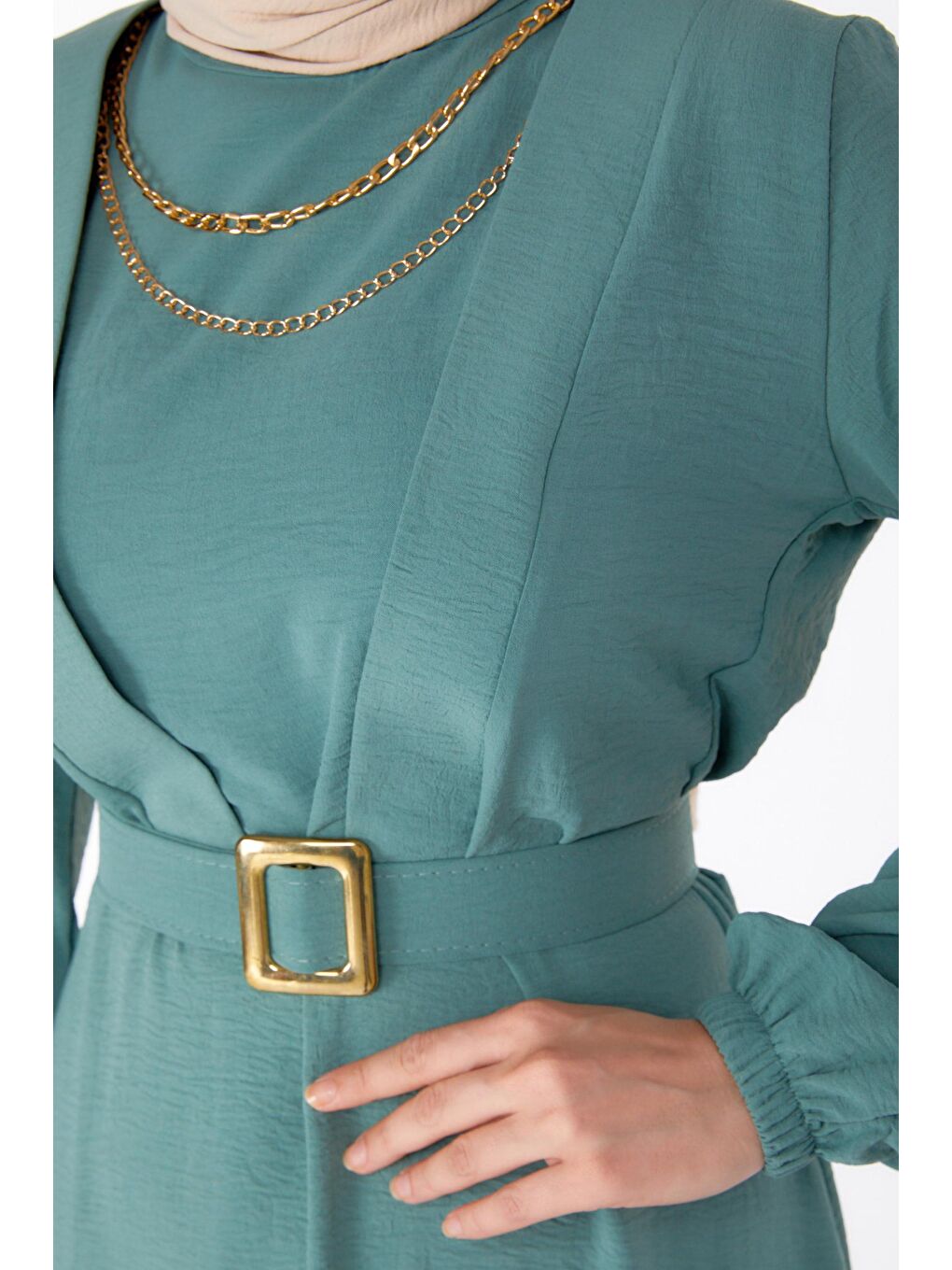 Bisiklet Yaka Kadın Yeşil Tesettür Elbise - 25380-4