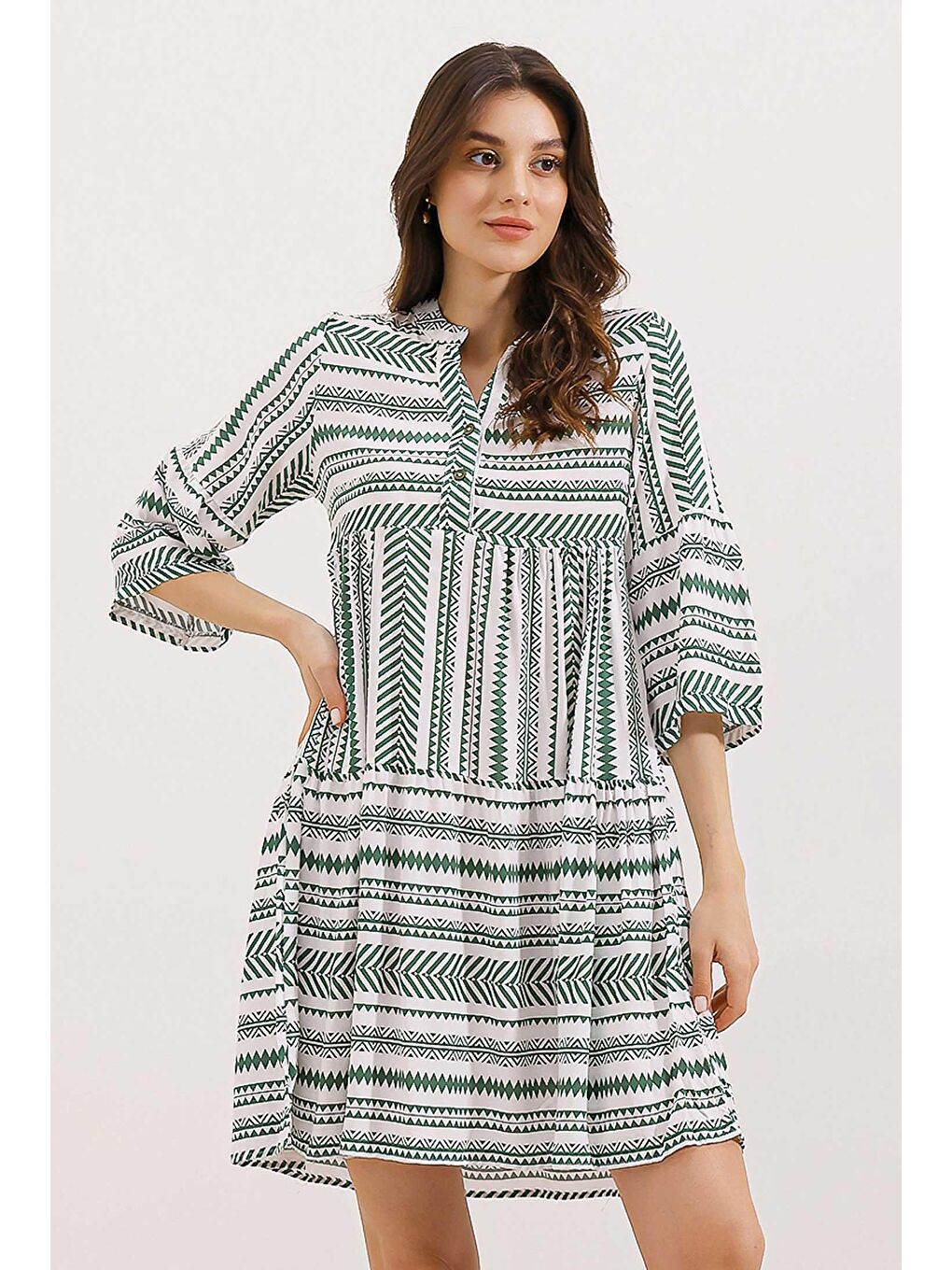 1975 ETNİK DESEN ELBİSE - Haki