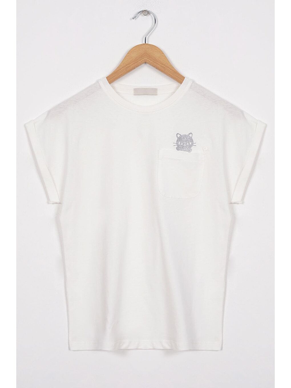 Bisiklet Yaka Kısa Kol Cep Detaylı Simli Kedi Baskılı Ekru Renk Kız Çocuk Tshirt