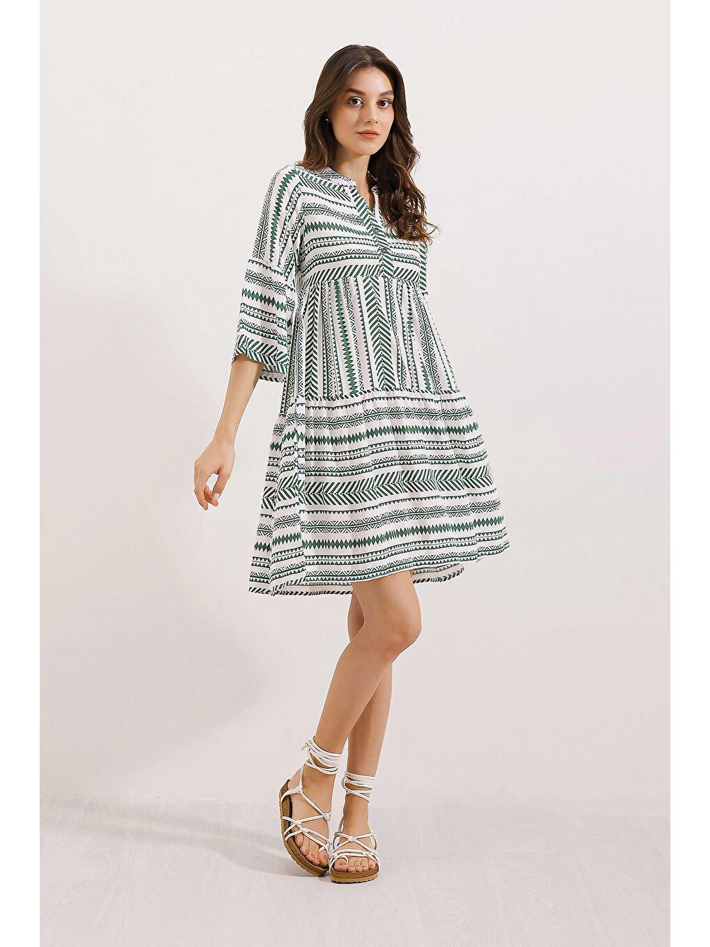 1975 ETNİK DESEN ELBİSE - Haki-1