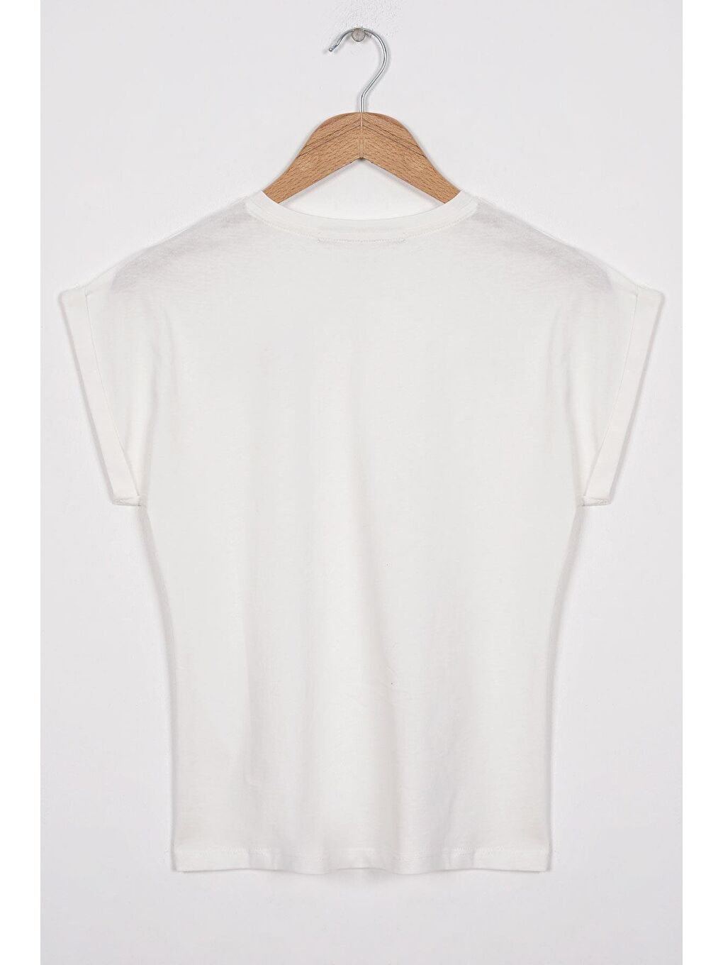 Bisiklet Yaka Kısa Kol Cep Detaylı Simli Kedi Baskılı Ekru Renk Kız Çocuk Tshirt-2