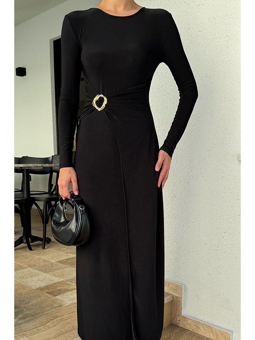 Siyah Kadın Bel Tokalı Elbise-1