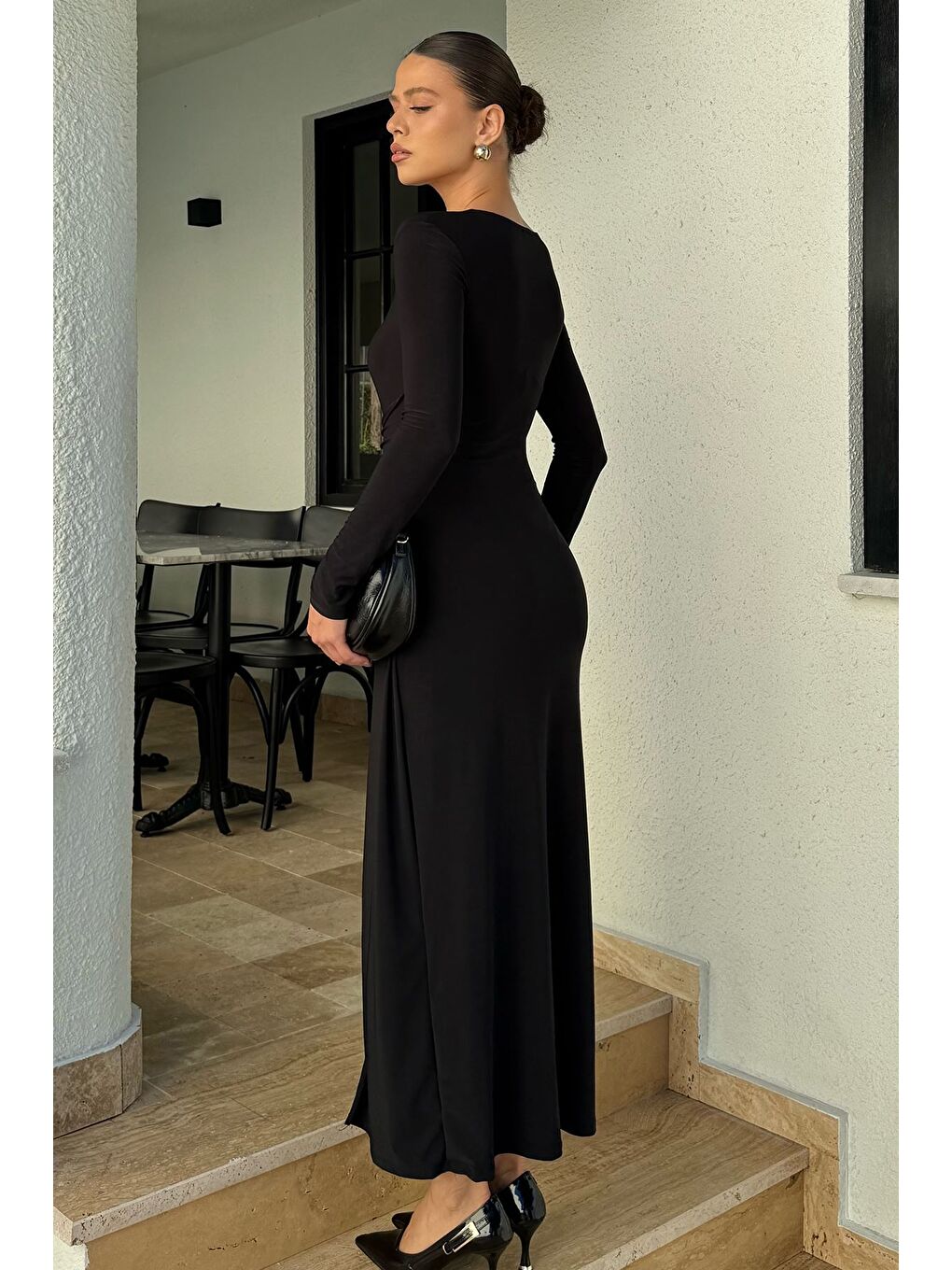 Siyah Kadın Bel Tokalı Elbise-3