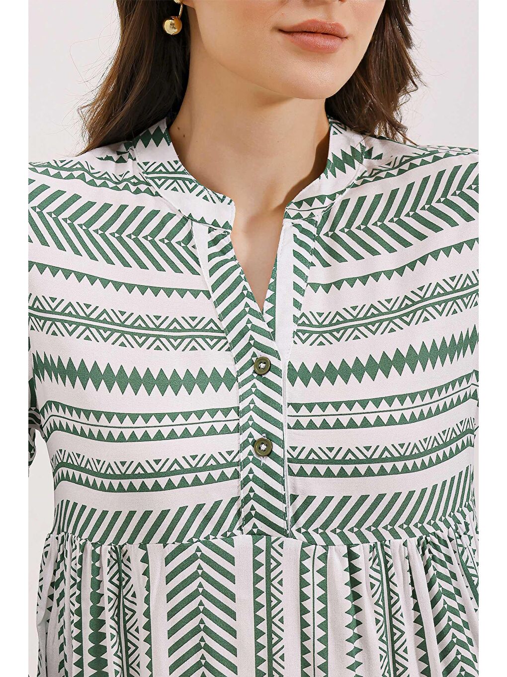 1975 ETNİK DESEN ELBİSE - Haki-2