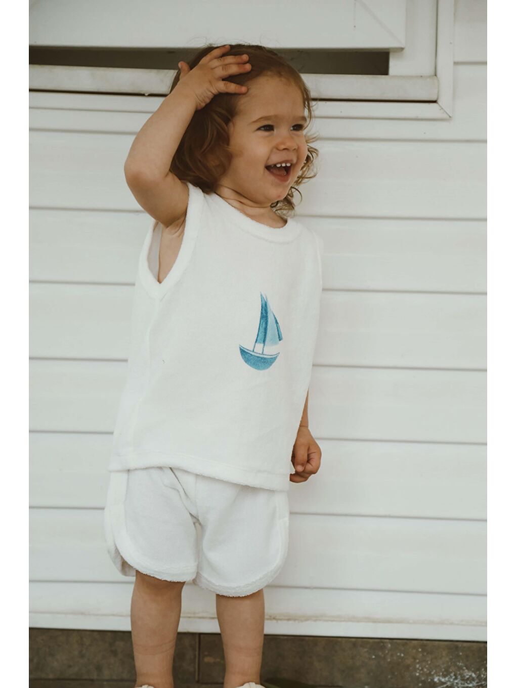 Beyaz Yelken Baskı Havlu Şort Takım-4