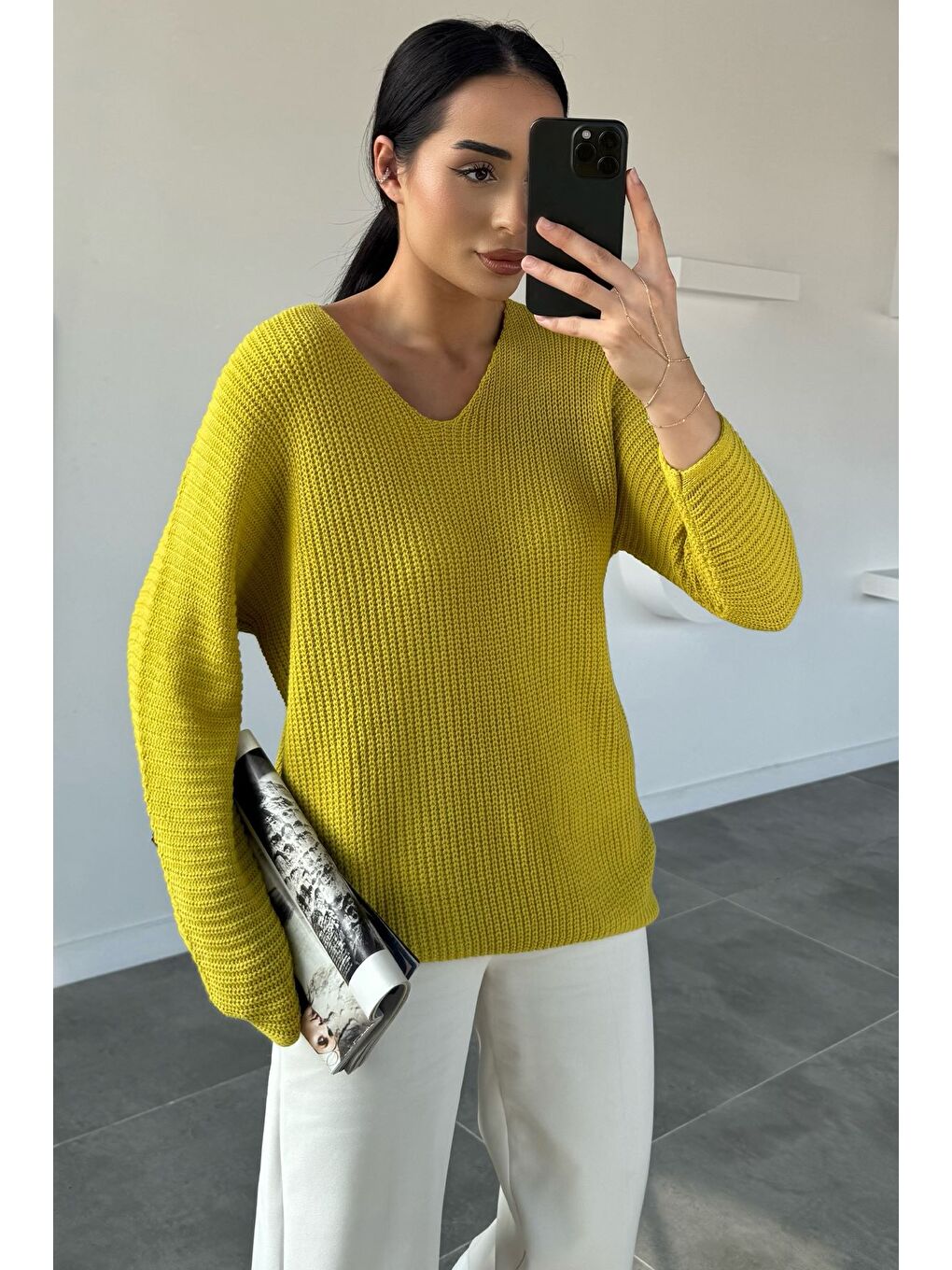 Yeşil V Yaka Salaş Triko Bluz (s,m,l,xl Uyumludur)-2