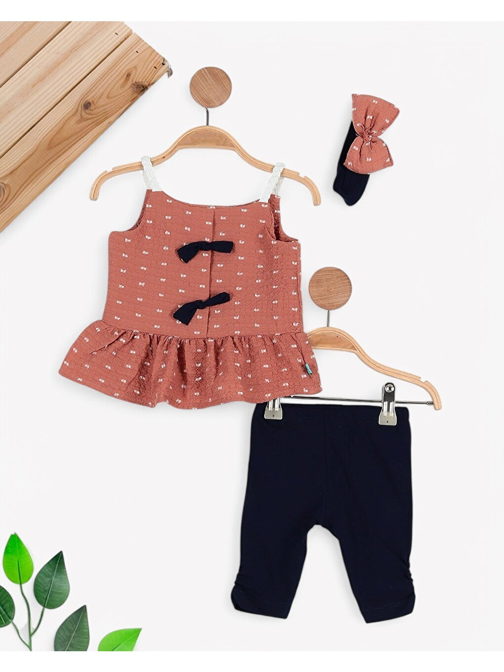 Kahverengi Kız Bebek İp Askılı Bluz Ve Taytlı Yazlık Polyesterli Takım