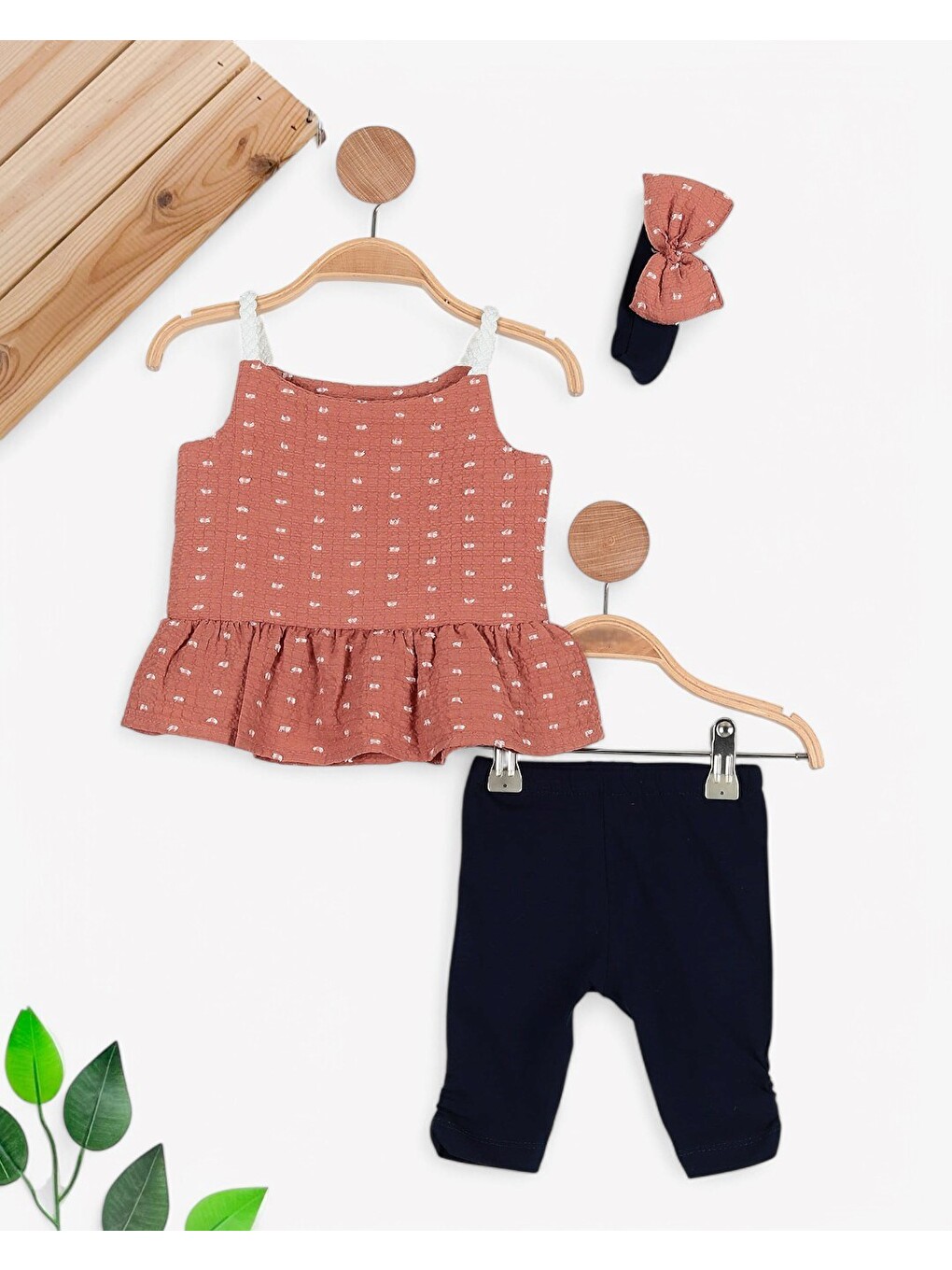 Kahverengi Kız Bebek İp Askılı Bluz Ve Taytlı Yazlık Polyesterli Takım-4