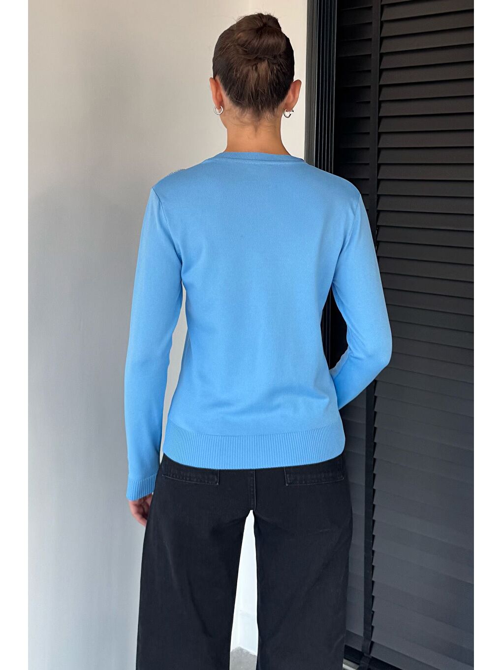 Mavi Kadın Bisiklet Yaka Çiçek Figürlü Triko Bluz-3