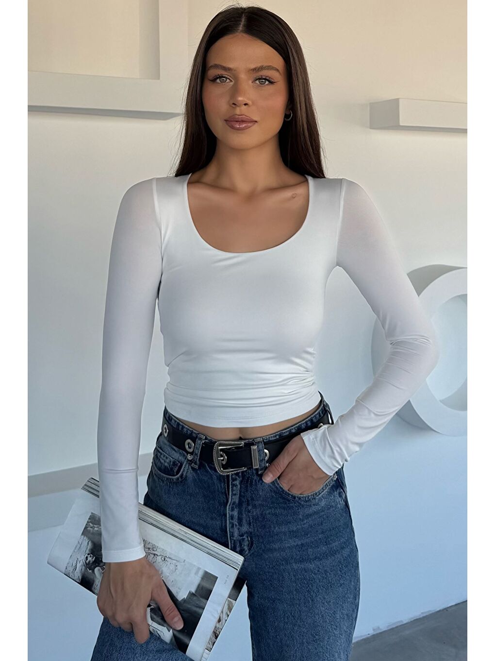 Ekru Kadın Kare Yaka Bluz-1