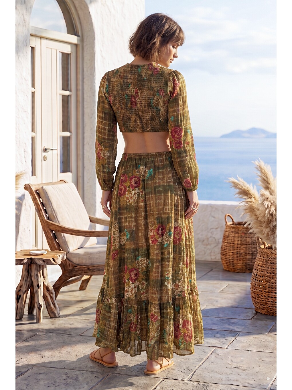 Kahverengi Tarçın Rengi V Yaka Balon Kol Desenli Astarlı Nakışlı Crop Fit Dokuma Alt Üst Takım 30-90 60-65-1